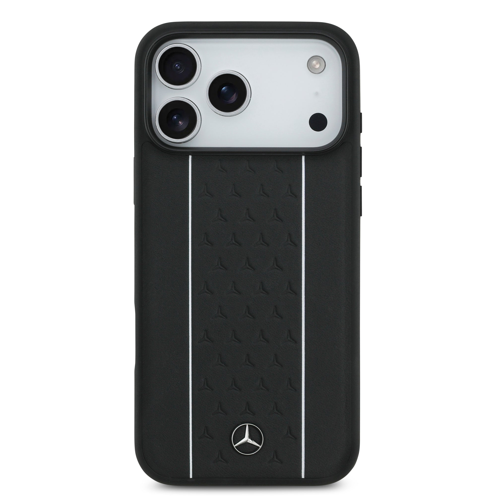 Apple iPhone 17 Pro Max Kılıf Mercedes Benz Orjinal Lisanslı M-safe Şarj Özellikli Şeritli Yıldız Desenli Metal Logolu Deri Kapak Siyah