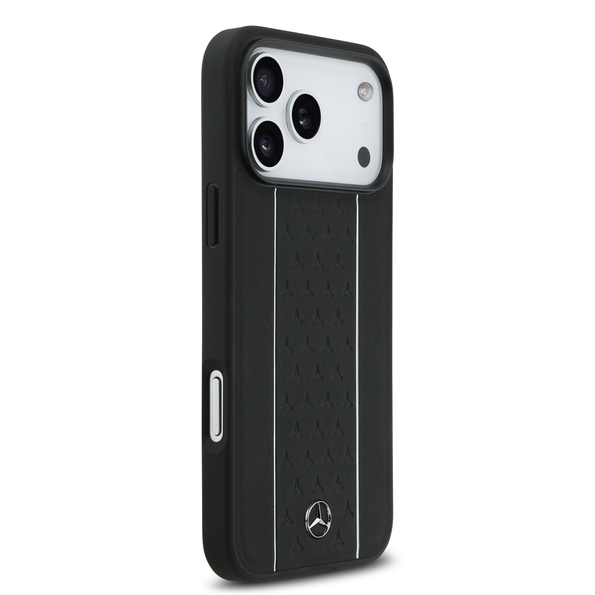 Apple iPhone 17 Pro Max Kılıf Mercedes Benz Orjinal Lisanslı M-safe Şarj Özellikli Şeritli Yıldız Desenli Metal Logolu Deri Kapak Siyah