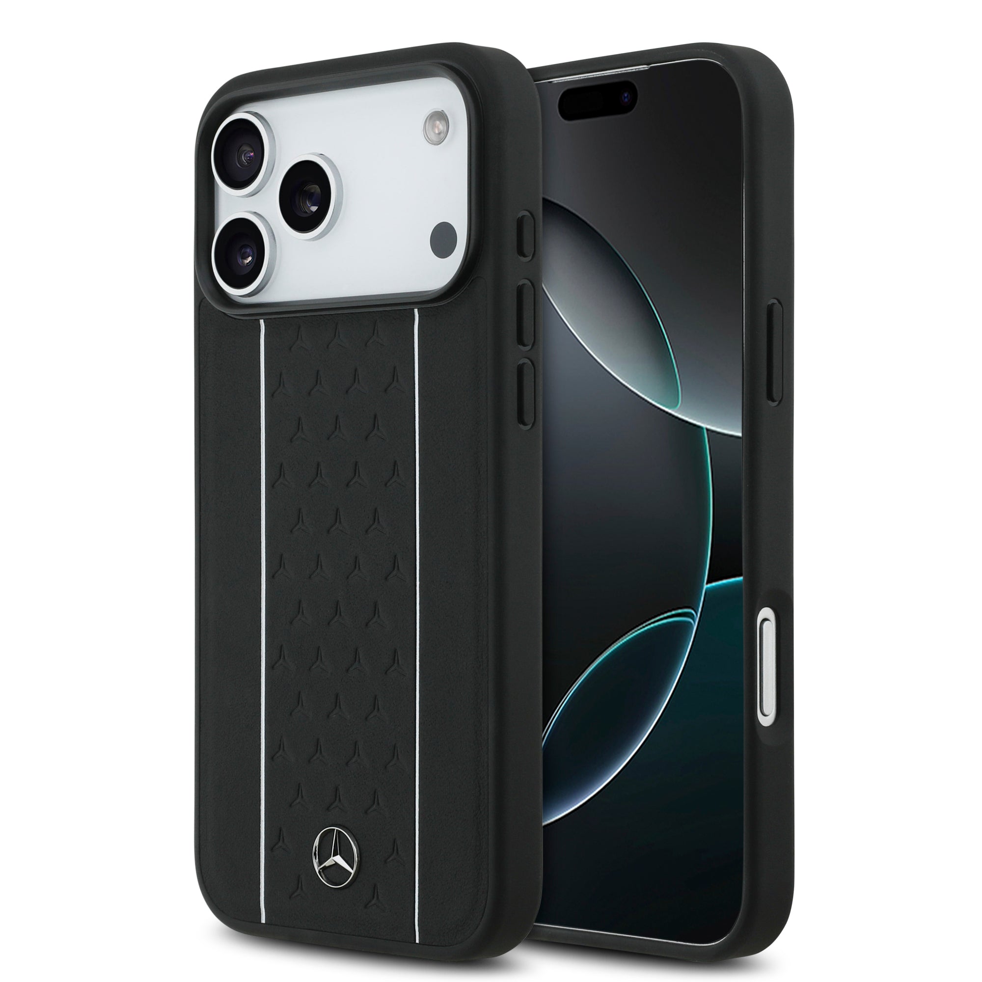 Apple iPhone 17 Pro Max Kılıf Mercedes Benz Orjinal Lisanslı M-safe Şarj Özellikli Şeritli Yıldız Desenli Metal Logolu Deri Kapak Siyah