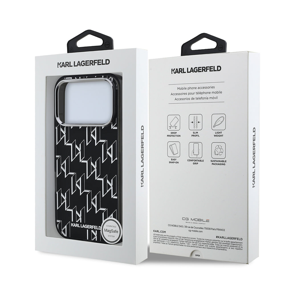 Apple iPhone 17 Pro Max Kılıf Orjinal Lisanslı M-safe Şarj Özellikli Karl Lagerfeld IML Baskılı Monogram Dizayn Kapak Siyah