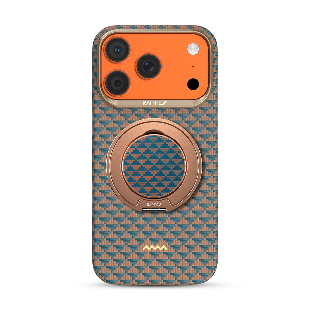 Apple iPhone 17 Pro Max Kılıf Raptic 2in1 Bundle Kit Aramid Skin Destiny Serisi Stand ve Kapak Gold-Mavi