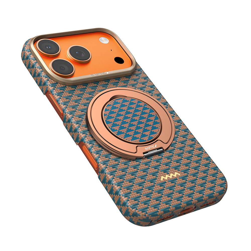 Apple iPhone 17 Pro Max Kılıf Raptic 2in1 Bundle Kit Aramid Skin Destiny Serisi Stand ve Kapak Gold-Mavi