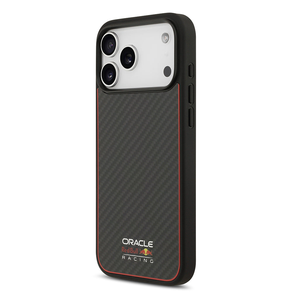 Apple iPhone 17 Pro Max Kılıf Redbull Orjinal Lisanslı M-safe Şarj Özellikli Karbon Fiber Parlayan Logolu Kevlar Kapak Siyah