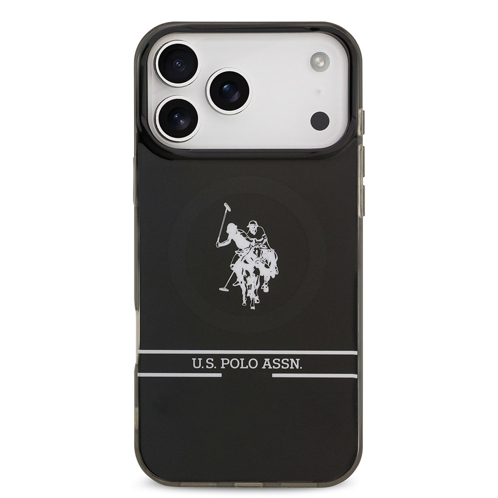 Apple iPhone 17 Pro Max Kılıf U.S. Polo Assn. Orjinal Lisanslı M-safe Şarj Özellikli IML Double Horse Stripe Logolu Kapak Siyah