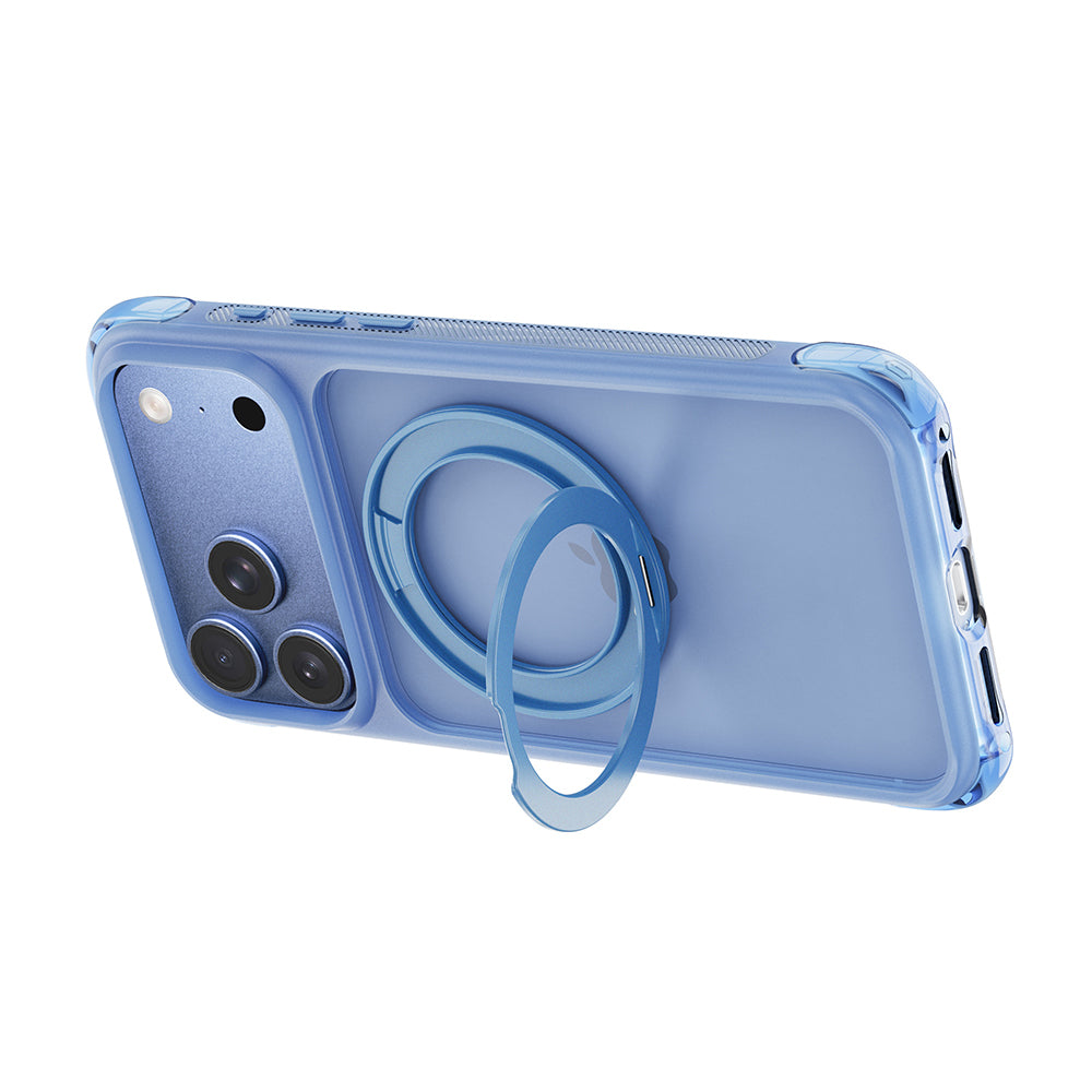 Apple iPhone 17 Pro Max Kılıf Wiwu AG-203 AeroGuard Ultra Serisi M-safe Şarj Özellikli Airbag Tasarımlı Standlı Kapak Açık Mavi
