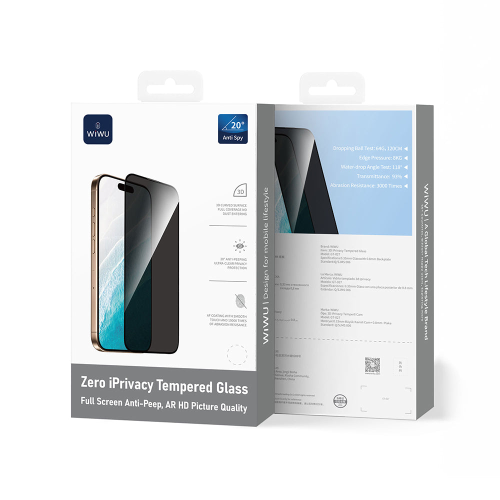 (17 Serisi)Apple iPhone Wiwu GT-027 Zero Curved Privacy Parmak İzi Bırakmayan Temperli Cam Ekran Koruyucu Siyah