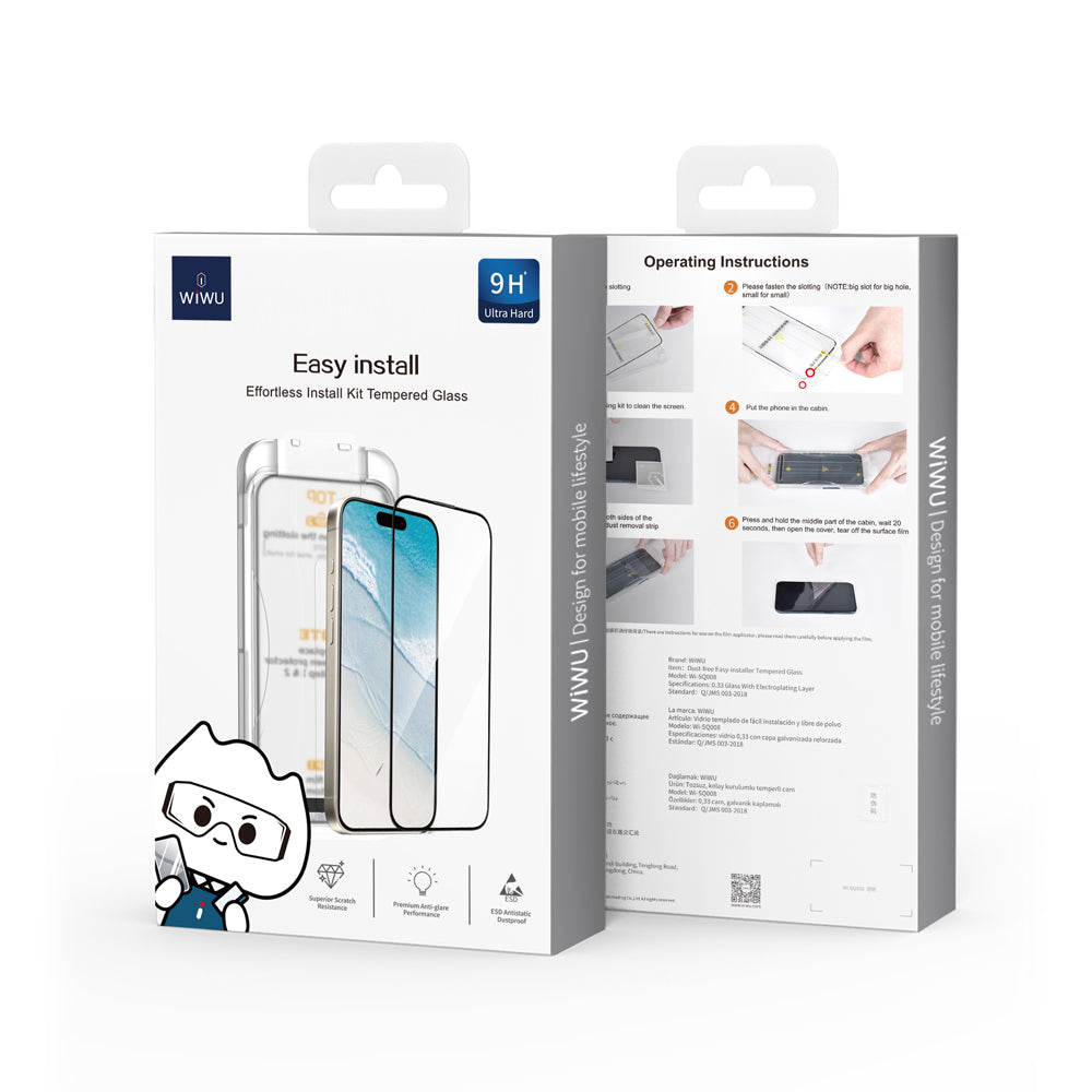 (17 Serisi)Apple iPhone Wiwu SQ-008 Oleofobik Easy Install Darbeye Karşı Dayanıklı Temperli Cam Ekran Koruyucu + Kolay Uygulama Aparatlı Şeffaf