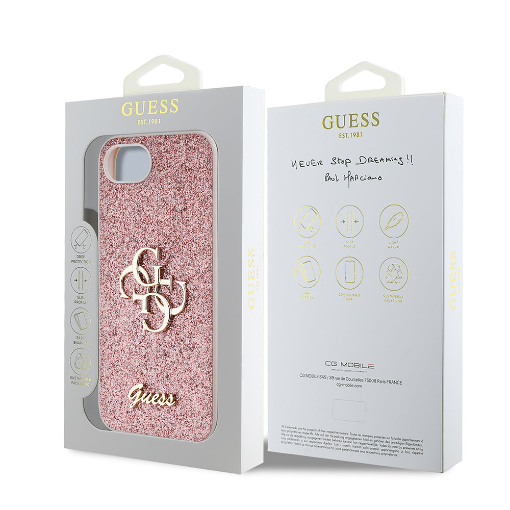 Apple iPhone 17E Kılıf Guess Orjinal Lisanslı 4G Büyük Metal Logolu Glitter Kapak Pembe