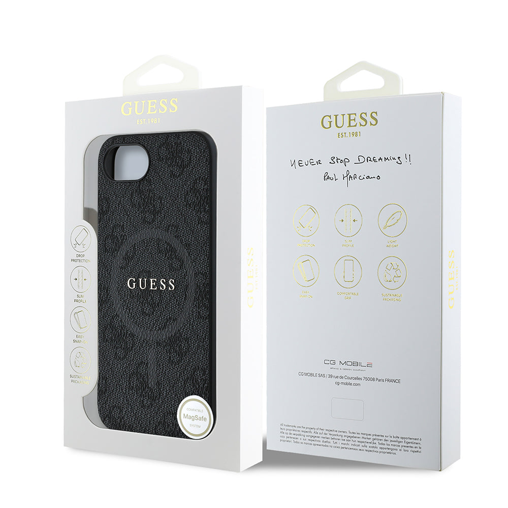 Apple iPhone 17E Kılıf Guess Orjinal Lisanslı M-safe Şarj Özellikli PU Halkalı 4G Desenli Yazı Logolu Kapak Siyah