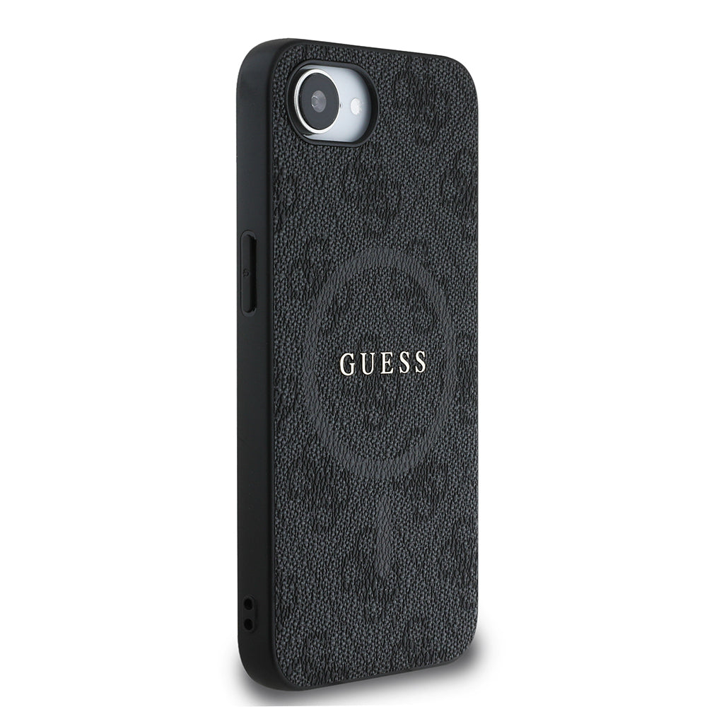 Apple iPhone 17E Kılıf Guess Orjinal Lisanslı M-safe Şarj Özellikli PU Halkalı 4G Desenli Yazı Logolu Kapak Siyah