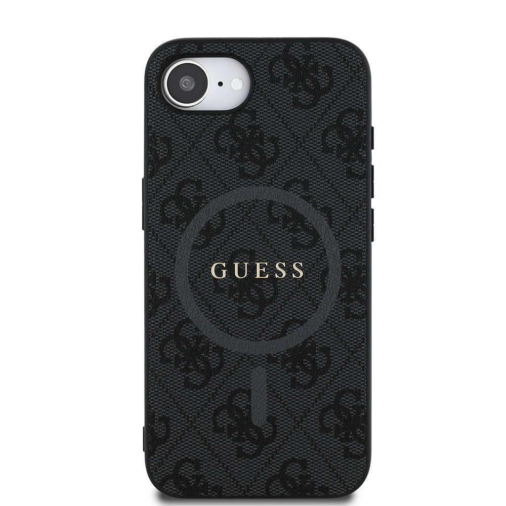 Apple iPhone 17E Kılıf Guess Orjinal Lisanslı M-safe Şarj Özellikli PU Halkalı 4G Desenli Yazı Logolu Kapak Siyah