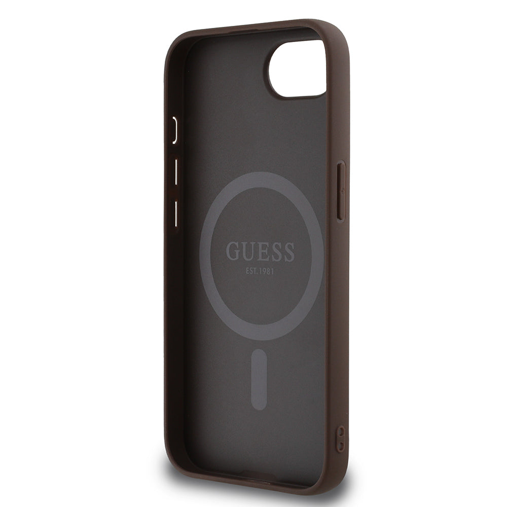 Apple iPhone 17E Kılıf Guess Orjinal Lisanslı M-safe Şarj Özellikli PU Üçgen Logo 4G Desenli Kapak Kahverengi
