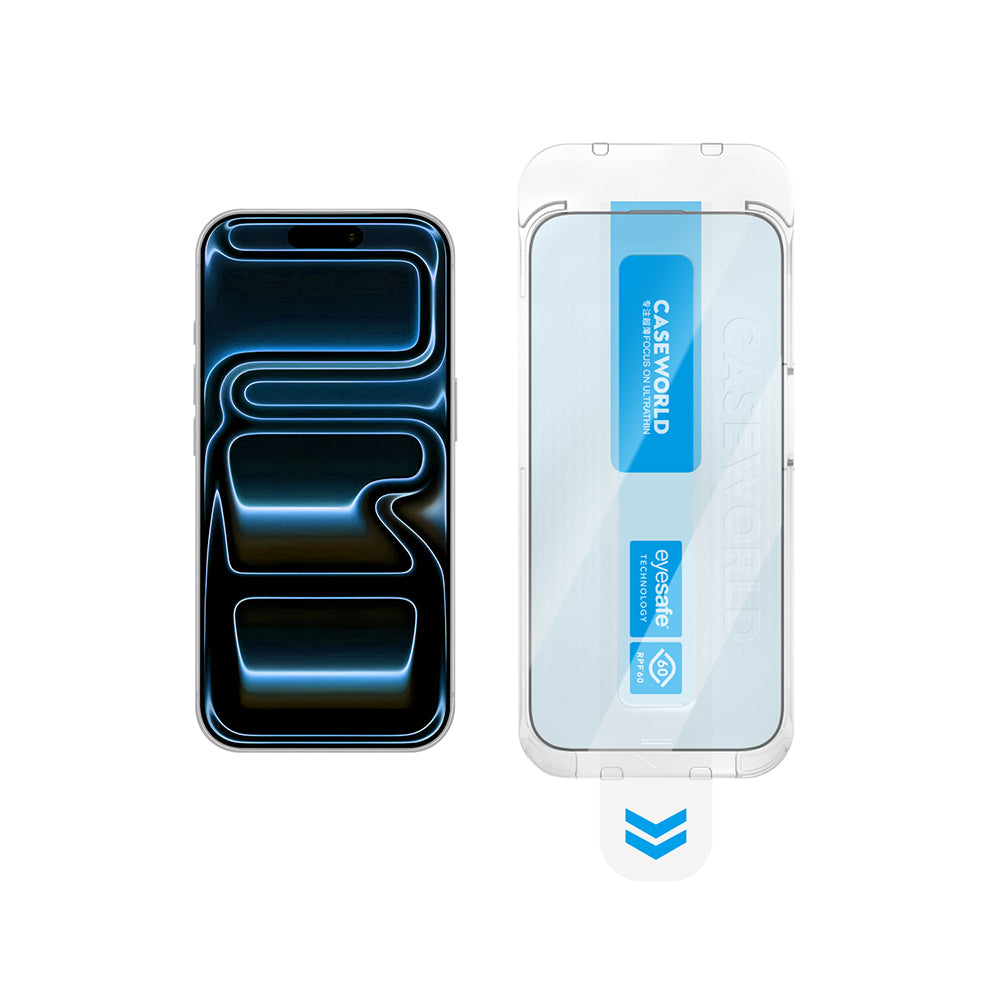 Apple iPhone 18 Pro CaseWorld Applicator Serisi 2.5D Eyesafe Mavi Işık Teknolojili Safir 0.33mm Temperli Cam Ekran Koruyucu + Uygulama Aparatı Şeffaf