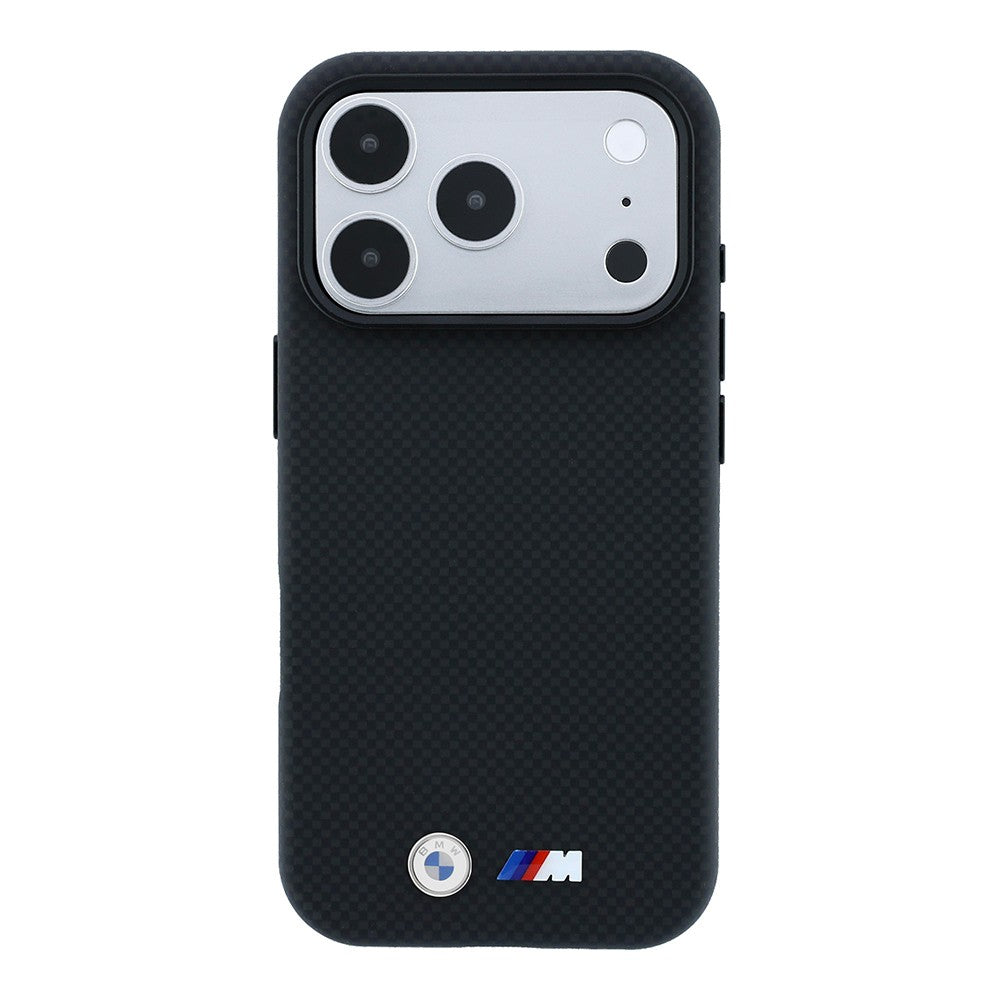Apple iPhone 18 Pro Kılıf BMW Orjinal Lisanslı M-safe Şarj Özellikli Metal Logolu Karbon Fiber Kevlar Kapak Siyah