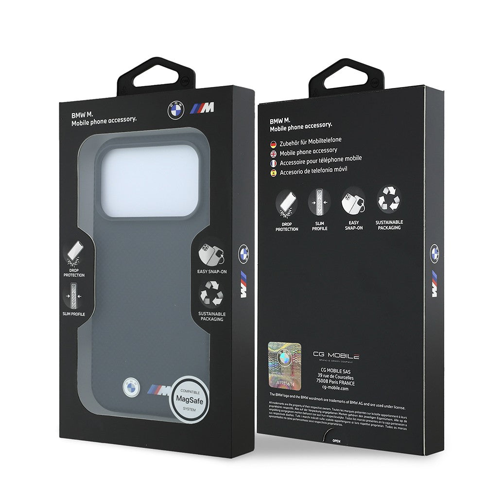 Apple iPhone 18 Pro Kılıf BMW Orjinal Lisanslı M-safe Şarj Özellikli Metal Logolu Karbon Fiber Kevlar Kapak Siyah