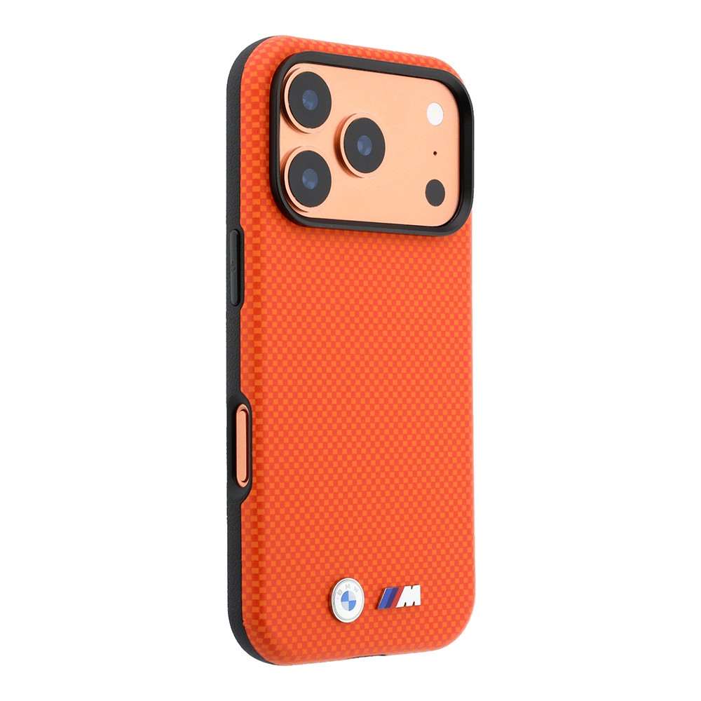 Apple iPhone 18 Pro Kılıf BMW Orjinal Lisanslı M-safe Şarj Özellikli Metal Logolu Karbon Fiber Kevlar Kapak Turuncu