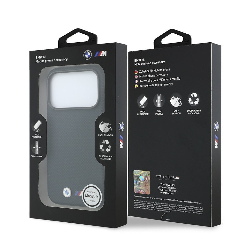 Apple iPhone 18 Pro Kılıf BMW Orjinal Lisanslı M-safe Şarj Özellikli Metal Logolu Karbon Fiber Kevlar Kapak Lacivert