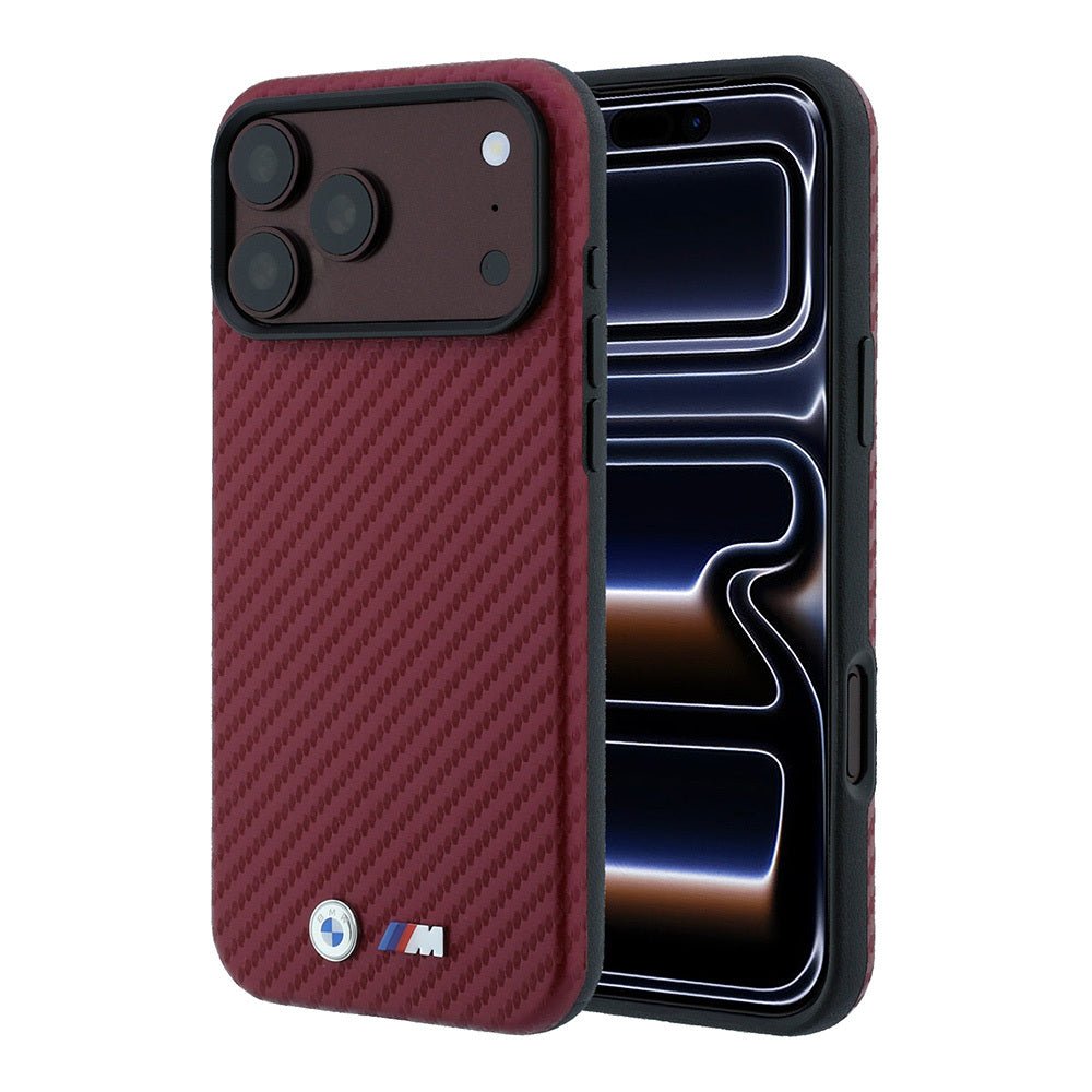 Apple iPhone 18 Pro Kılıf BMW Orjinal Lisanslı M-safe Şarj Özellikli PU Karbon Tasarımlı Metal Logolu Kapak Bordo