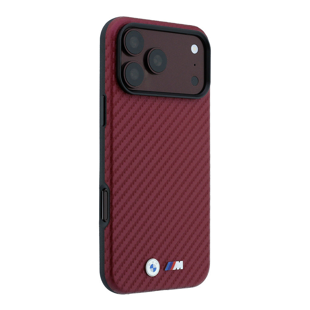 Apple iPhone 18 Pro Kılıf BMW Orjinal Lisanslı M-safe Şarj Özellikli PU Karbon Tasarımlı Metal Logolu Kapak Bordo