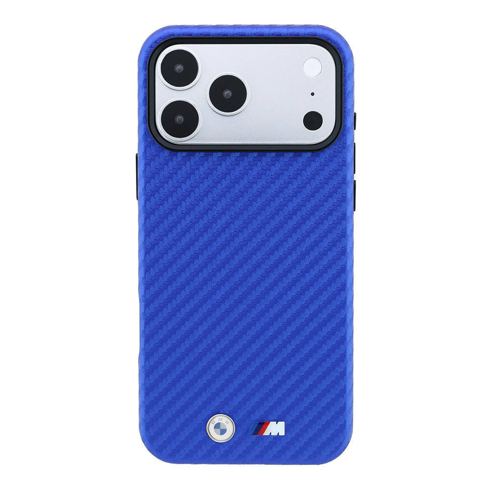 Apple iPhone 18 Pro Kılıf BMW Orjinal Lisanslı M-safe Şarj Özellikli PU Karbon Tasarımlı Metal Logolu Kapak Mavi
