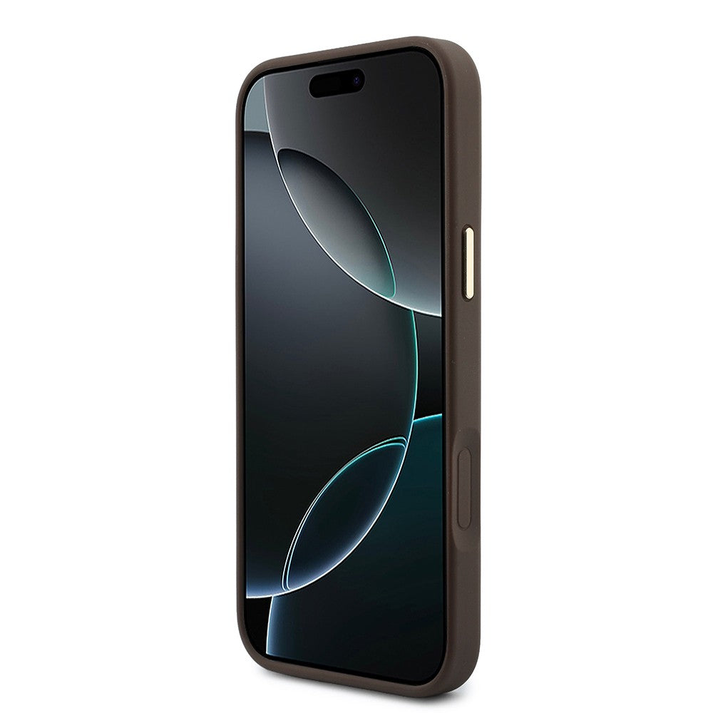 Apple iPhone 18 Pro Kılıf Guess Orjinal Lisanslı 4G ve Yazı Logolu Kartlıklı Kapak Kahverengi