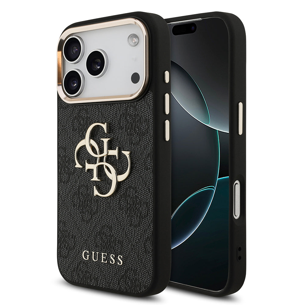 Apple iPhone 18 Pro Kılıf Guess Orjinal Lisanslı Gold Metal Kamera Çerçeveli 4G Desenli Metal Büyük 4G ve Yazı Logolu Kapak Siyah