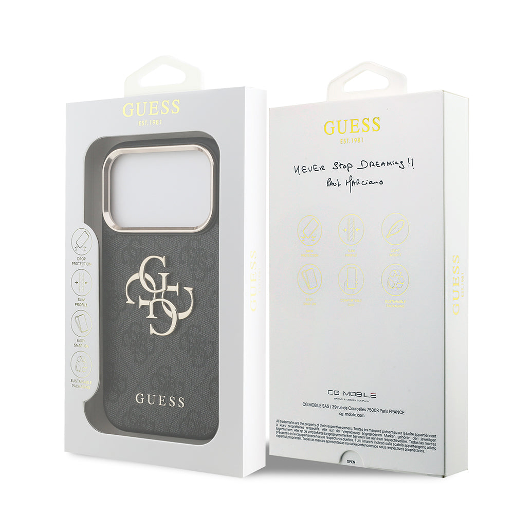 Apple iPhone 18 Pro Kılıf Guess Orjinal Lisanslı Gold Metal Kamera Çerçeveli 4G Desenli Metal Büyük 4G ve Yazı Logolu Kapak Pembe