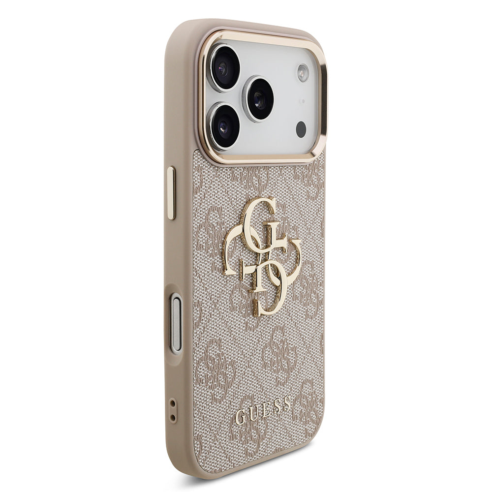 Apple iPhone 18 Pro Kılıf Guess Orjinal Lisanslı Gold Metal Kamera Çerçeveli 4G Desenli Metal Büyük 4G ve Yazı Logolu Kapak Pembe