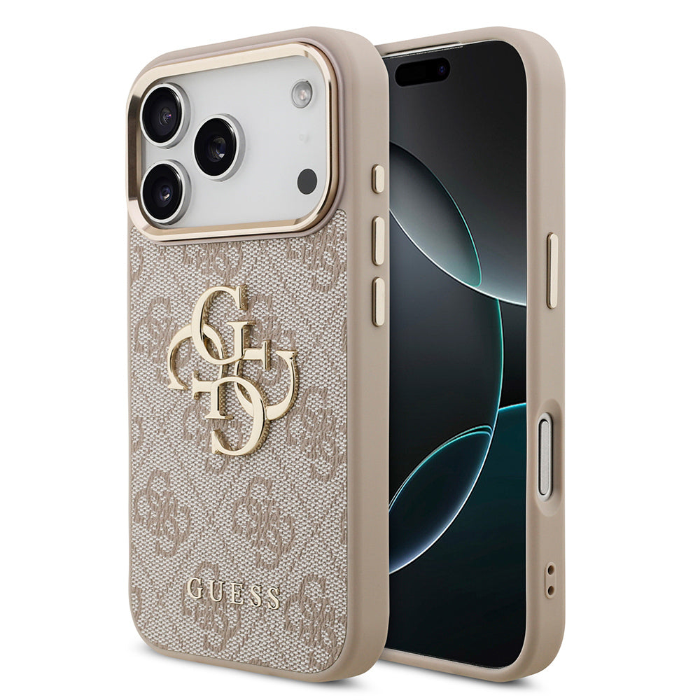 Apple iPhone 18 Pro Kılıf Guess Orjinal Lisanslı Gold Metal Kamera Çerçeveli 4G Desenli Metal Büyük 4G ve Yazı Logolu Kapak Pembe