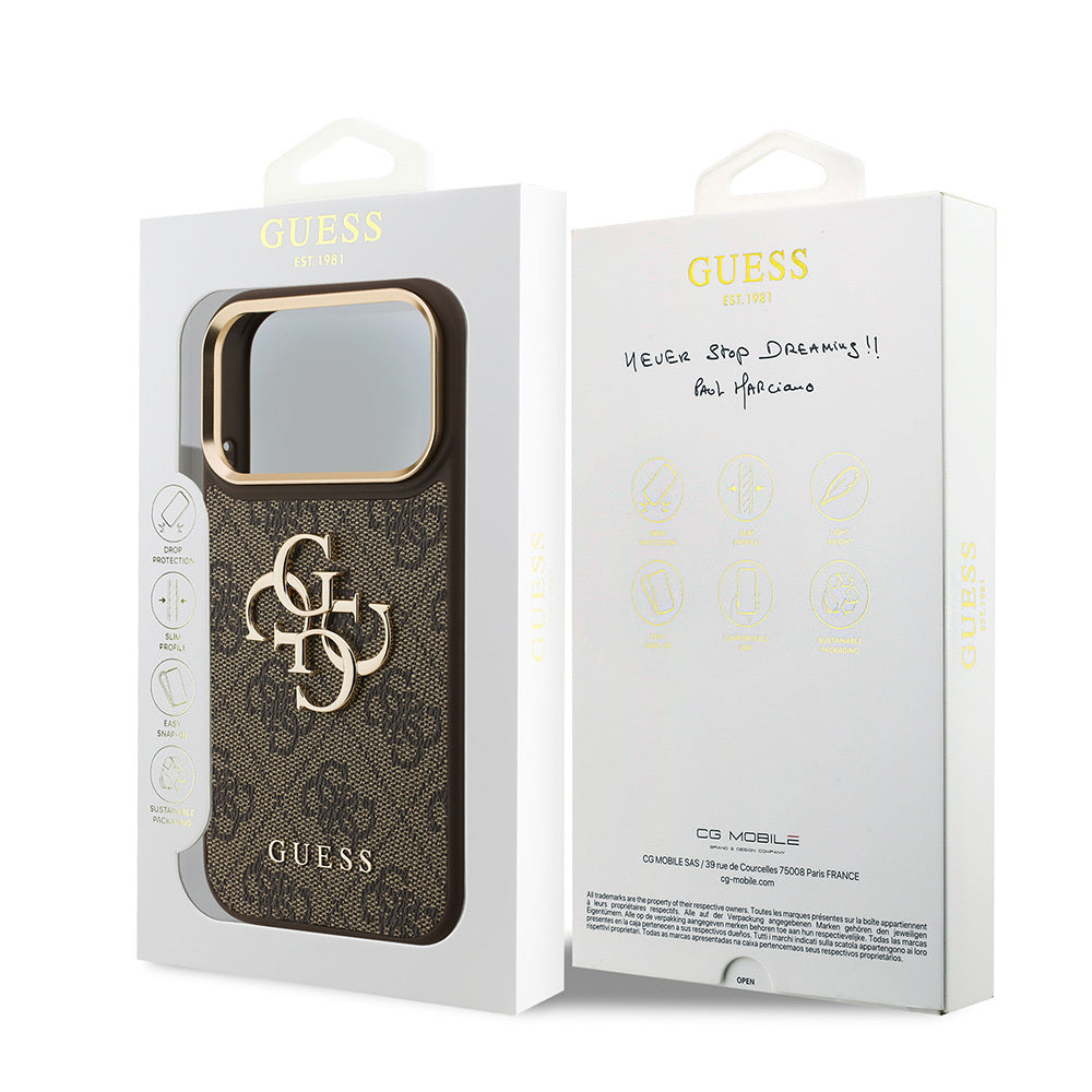 Apple iPhone 18 Pro Kılıf Guess Orjinal Lisanslı Gold Metal Kamera Çerçeveli 4G Desenli Metal Büyük 4G ve Yazı Logolu Kapak Pembe