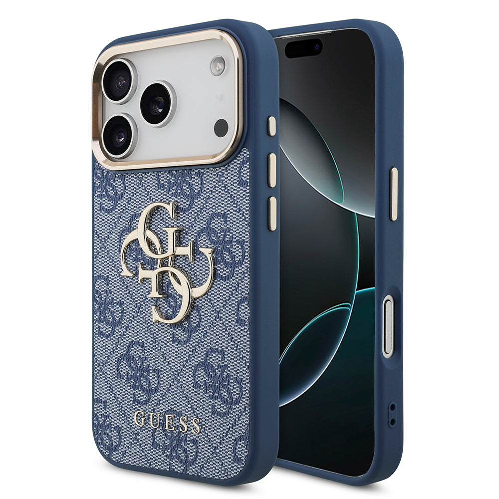 Apple iPhone 18 Pro Kılıf Guess Orjinal Lisanslı Gold Metal Kamera Çerçeveli 4G Desenli Metal Büyük 4G ve Yazı Logolu Kapak Mavi