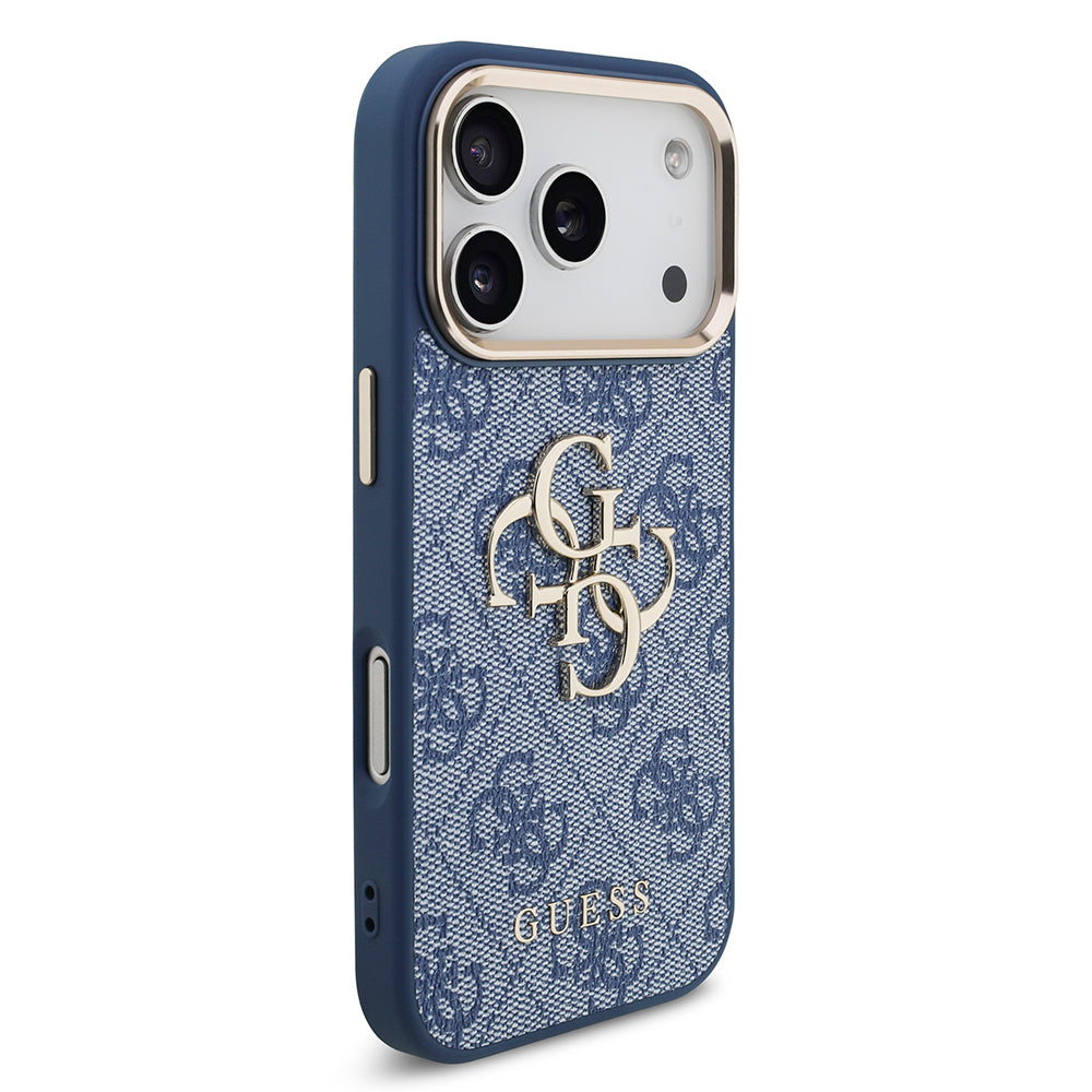 Apple iPhone 18 Pro Kılıf Guess Orjinal Lisanslı Gold Metal Kamera Çerçeveli 4G Desenli Metal Büyük 4G ve Yazı Logolu Kapak Mavi