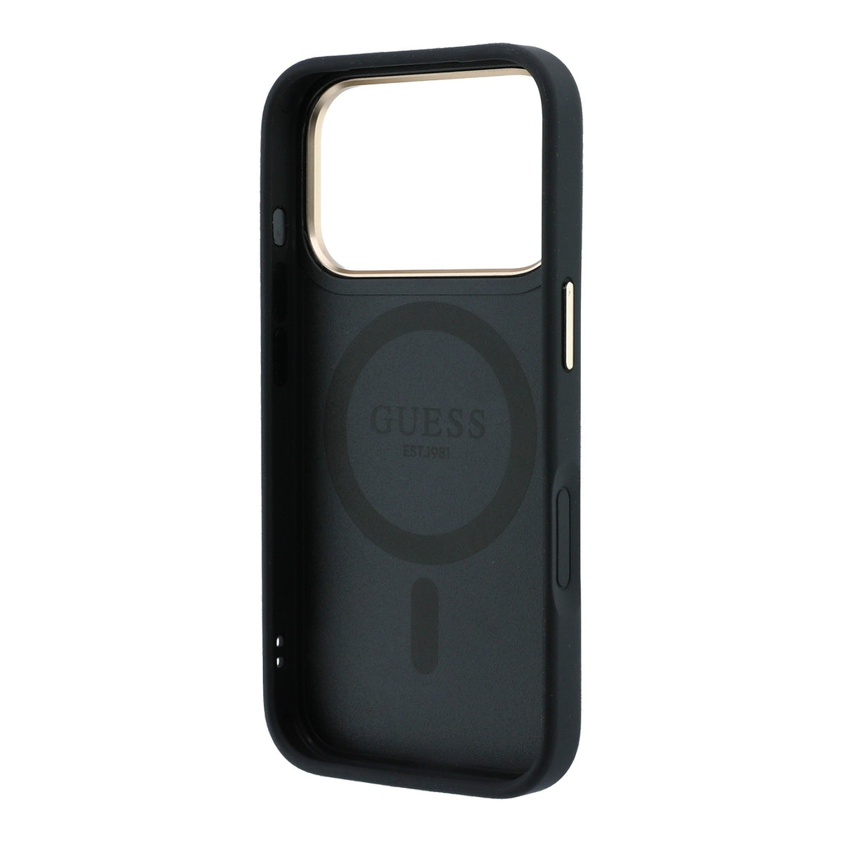 Apple iPhone 18 Pro Kılıf Guess Orjinal Lisanslı M-safe Şarj Özellikli 360 Derece Dönebilen Standlı PU Metal Yazı Logolu Kapak Siyah