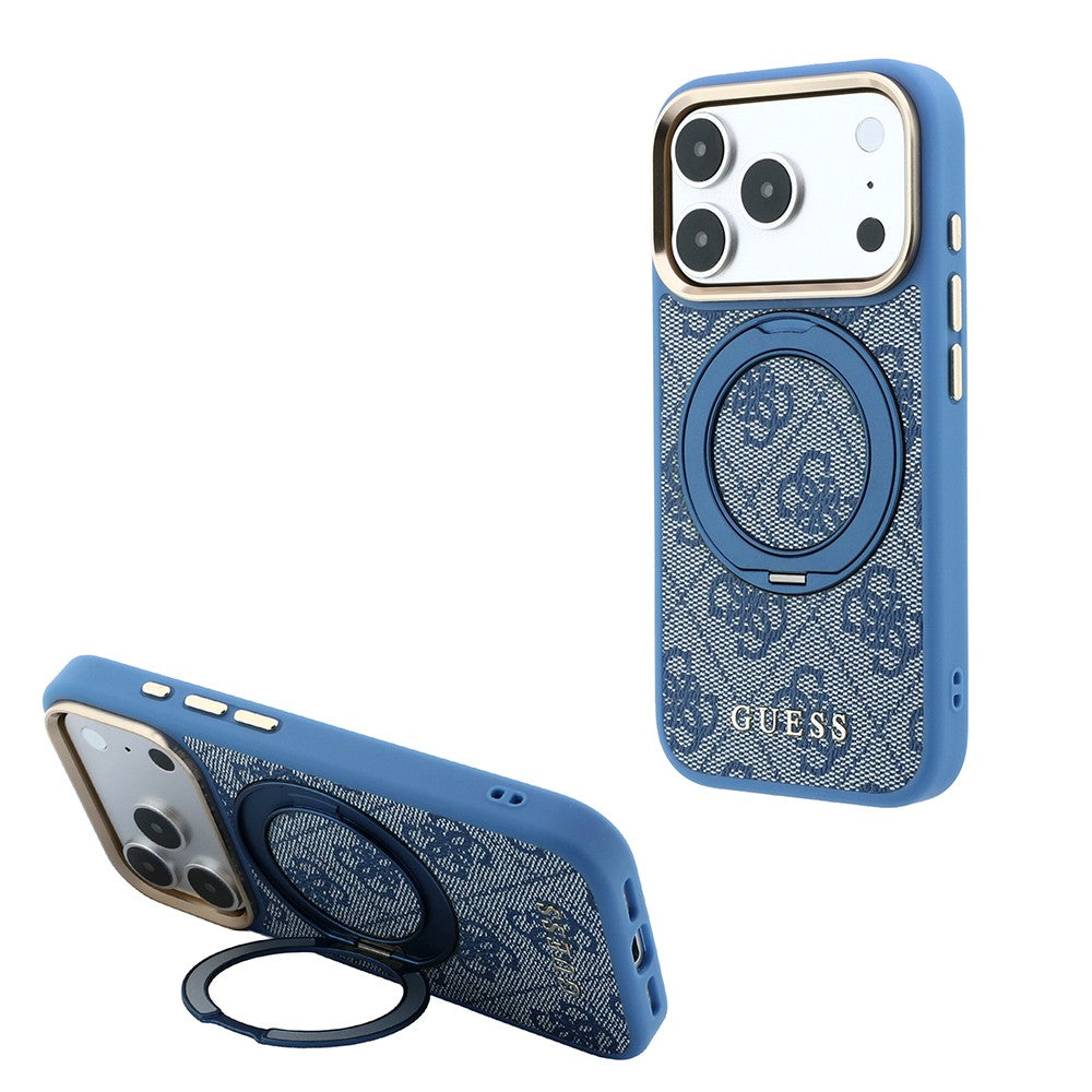 Apple iPhone 18 Pro Kılıf Guess Orjinal Lisanslı M-safe Şarj Özellikli 4G Desenli 360 Derece Dönebilen Standlı Metal Yazı Logolu Kapak Mavi