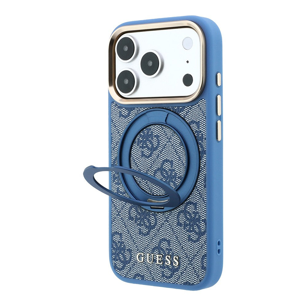 Apple iPhone 18 Pro Kılıf Guess Orjinal Lisanslı M-safe Şarj Özellikli 4G Desenli 360 Derece Dönebilen Standlı Metal Yazı Logolu Kapak Mavi