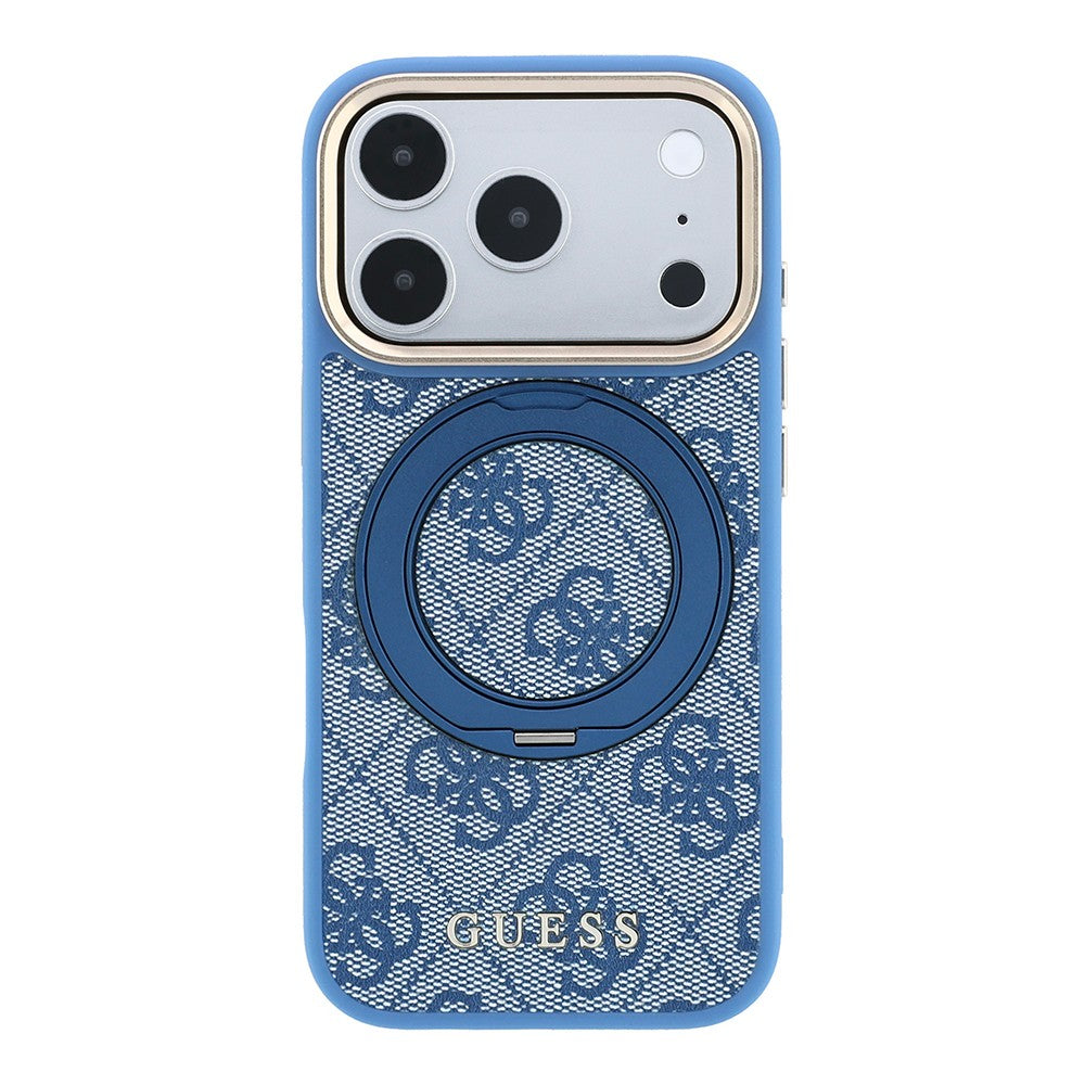 Apple iPhone 18 Pro Kılıf Guess Orjinal Lisanslı M-safe Şarj Özellikli 4G Desenli 360 Derece Dönebilen Standlı Metal Yazı Logolu Kapak Mavi