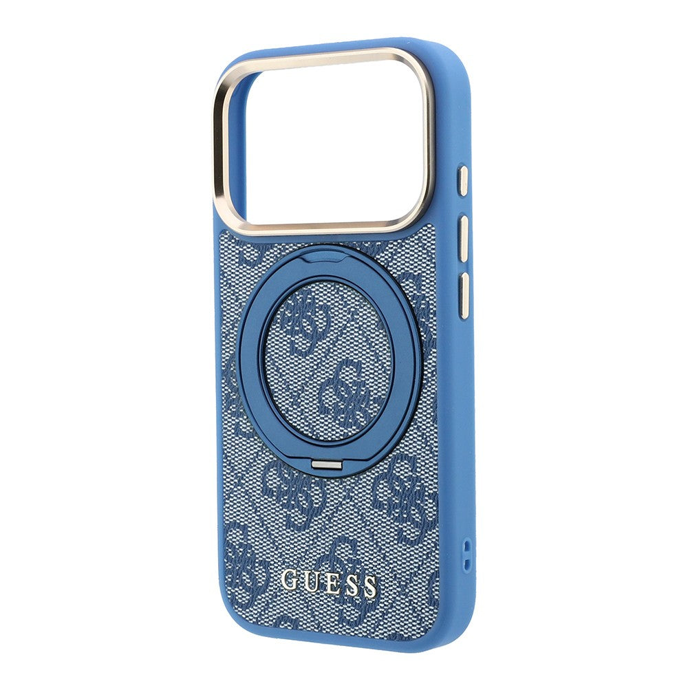 Apple iPhone 18 Pro Kılıf Guess Orjinal Lisanslı M-safe Şarj Özellikli 4G Desenli 360 Derece Dönebilen Standlı Metal Yazı Logolu Kapak Mavi