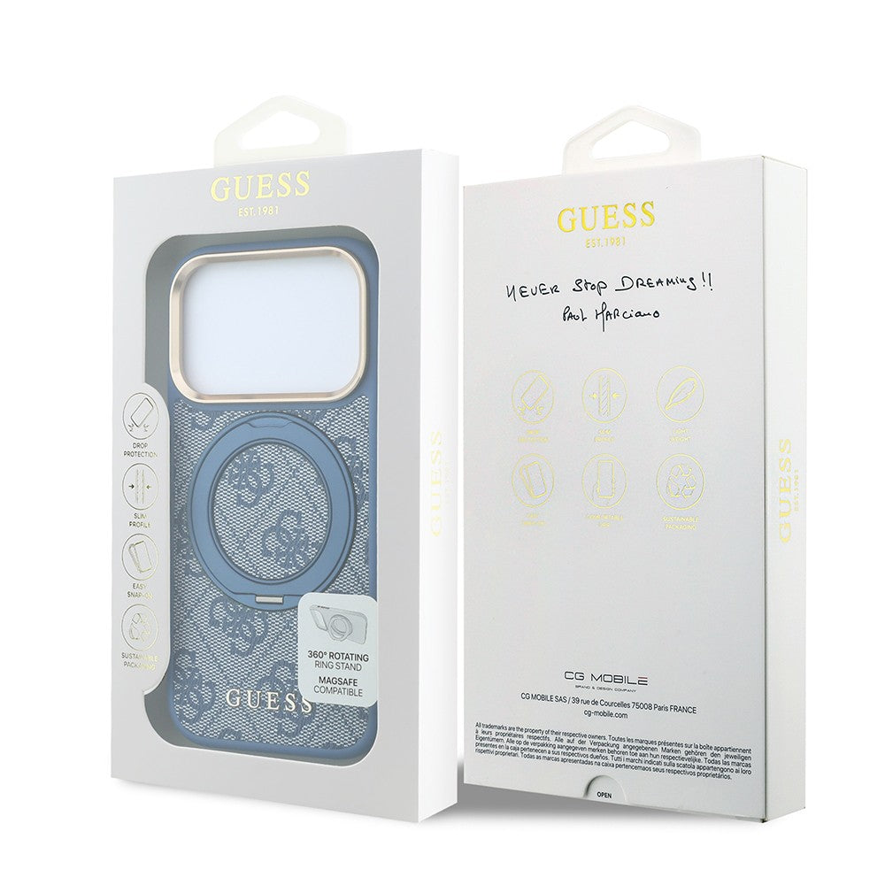 Apple iPhone 18 Pro Kılıf Guess Orjinal Lisanslı M-safe Şarj Özellikli 4G Desenli 360 Derece Dönebilen Standlı Metal Yazı Logolu Kapak Mavi