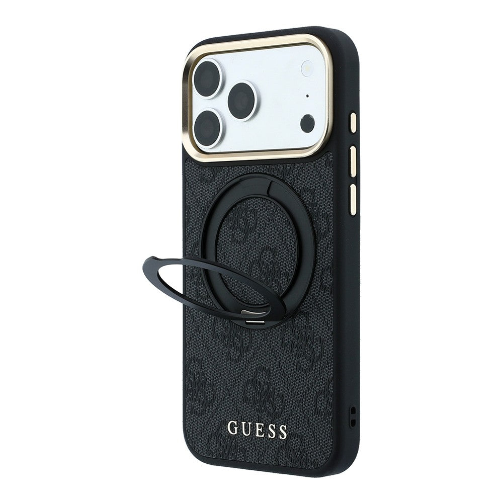 Apple iPhone 18 Pro Kılıf Guess Orjinal Lisanslı M-safe Şarj Özellikli 4G Desenli 360 Derece Dönebilen Standlı Metal Yazı Logolu Kapak Siyah