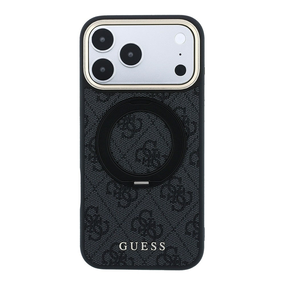 Apple iPhone 18 Pro Kılıf Guess Orjinal Lisanslı M-safe Şarj Özellikli 4G Desenli 360 Derece Dönebilen Standlı Metal Yazı Logolu Kapak Siyah