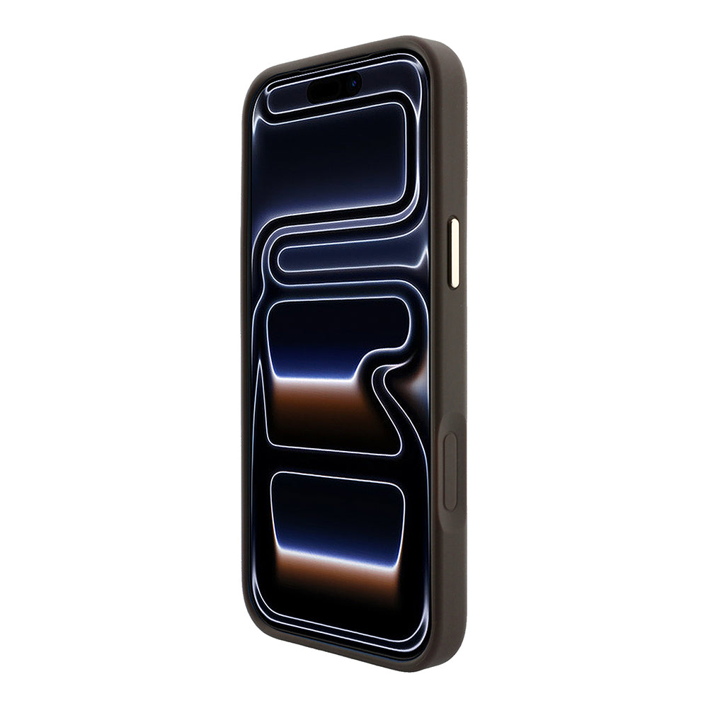 Apple iPhone 18 Pro Kılıf Guess Orjinal Lisanslı M-safe Şarj Özellikli Deri 4G Desenli Şeritli Yazı Logolu Kapak Kahverengi
