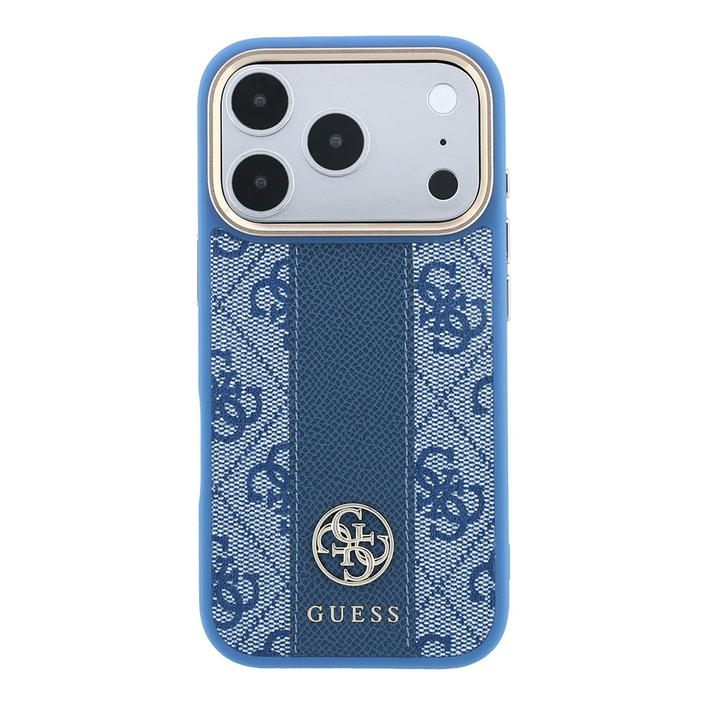 Apple iPhone 18 Pro Kılıf Guess Orjinal Lisanslı M-safe Şarj Özellikli Deri 4G Desenli Şeritli Yazı Logolu Kapak Mavi