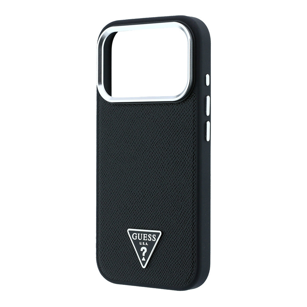 Apple iPhone 18 Pro Kılıf Guess Orjinal Lisanslı M-safe Şarj Özellikli Grained Triangle Kapak Siyah
