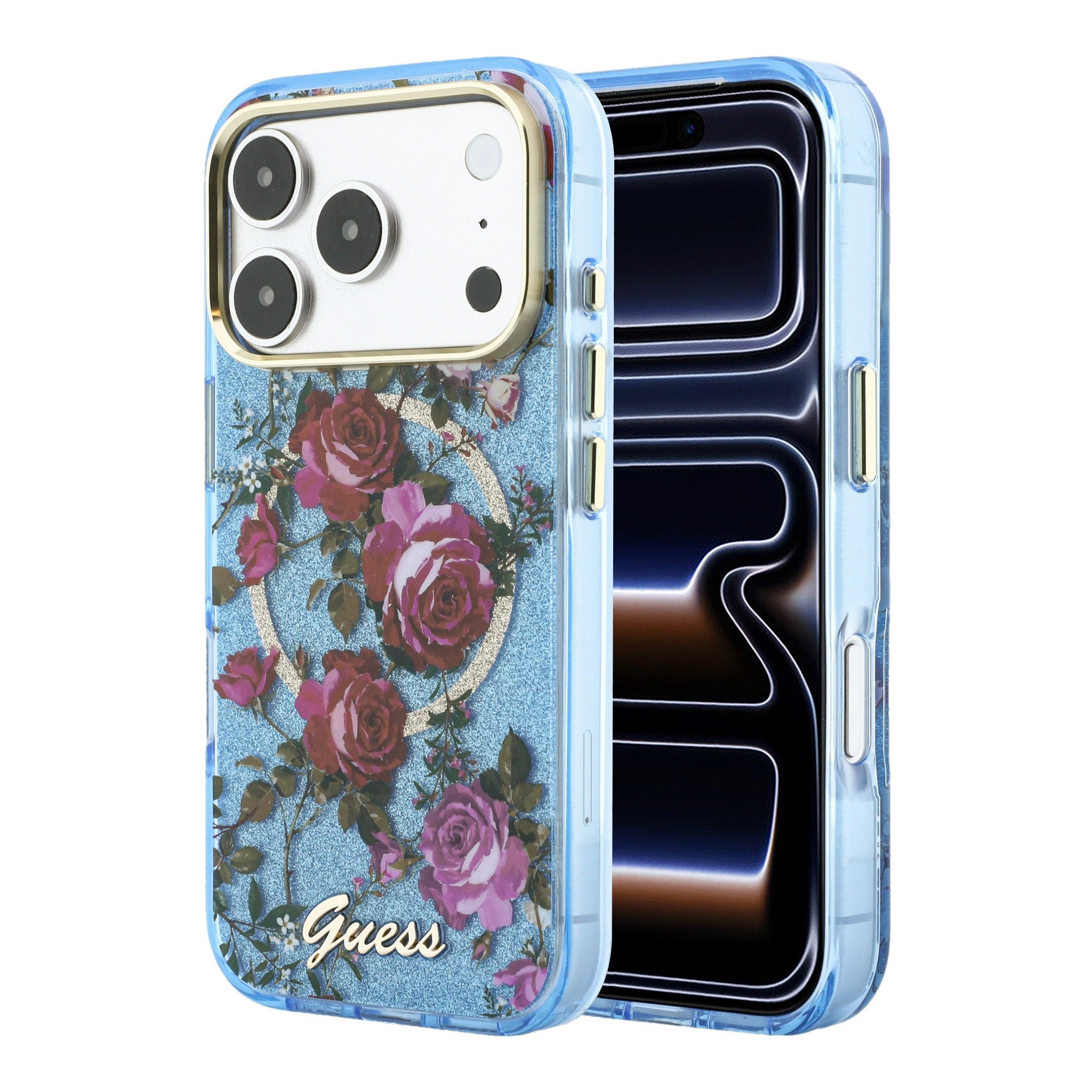 Apple iPhone 18 Pro Kılıf Guess Orjinal Lisanslı M-safe Şarj Özellikli Gül Desenli Simli Yazı Logolu Kapak Açık Mavi