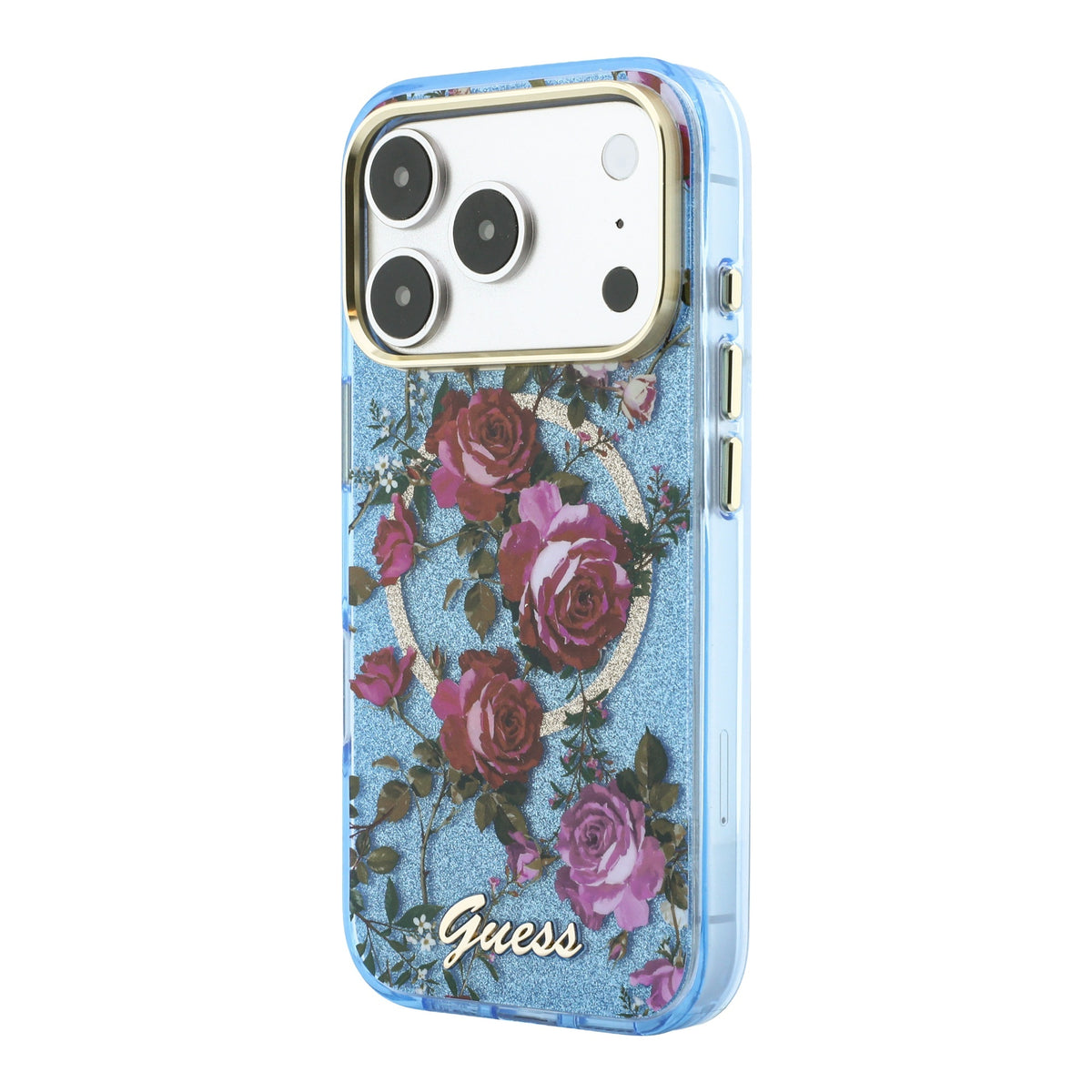 Apple iPhone 18 Pro Kılıf Guess Orjinal Lisanslı M-safe Şarj Özellikli Gül Desenli Simli Yazı Logolu Kapak Açık Mavi