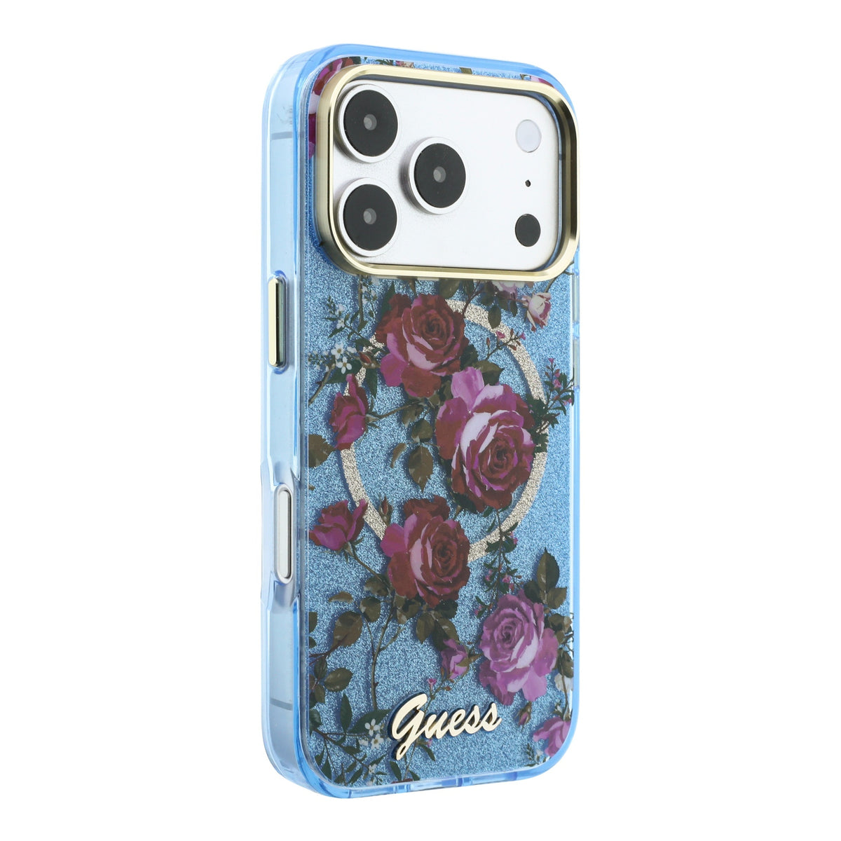 Apple iPhone 18 Pro Kılıf Guess Orjinal Lisanslı M-safe Şarj Özellikli Gül Desenli Simli Yazı Logolu Kapak Açık Mavi