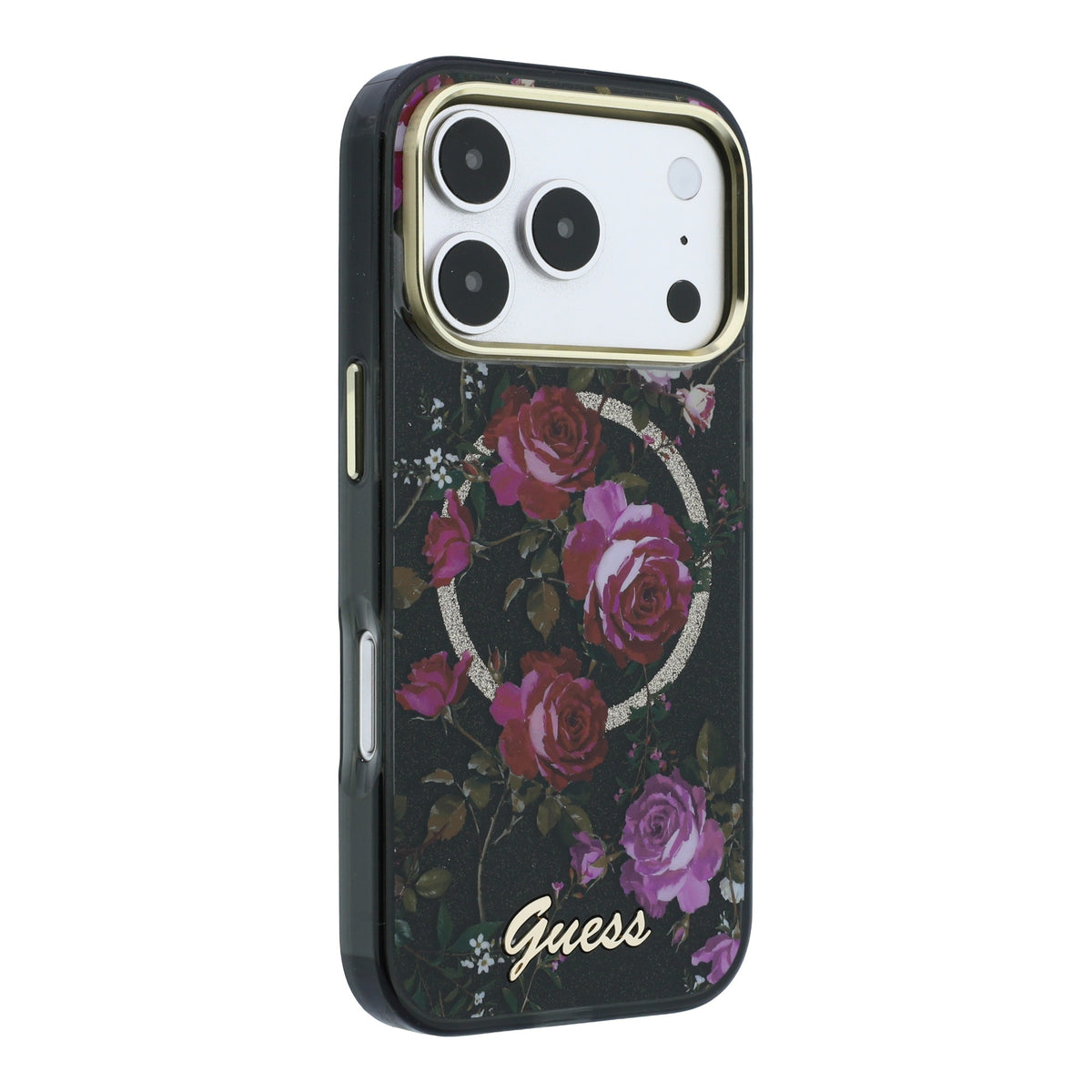 Apple iPhone 18 Pro Kılıf Guess Orjinal Lisanslı M-safe Şarj Özellikli Gül Desenli Simli Yazı Logolu Kapak Siyah