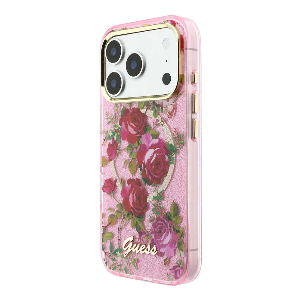 Apple iPhone 18 Pro Kılıf Guess Orjinal Lisanslı M-safe Şarj Özellikli Gül Desenli Simli Yazı Logolu Kapak Pembe