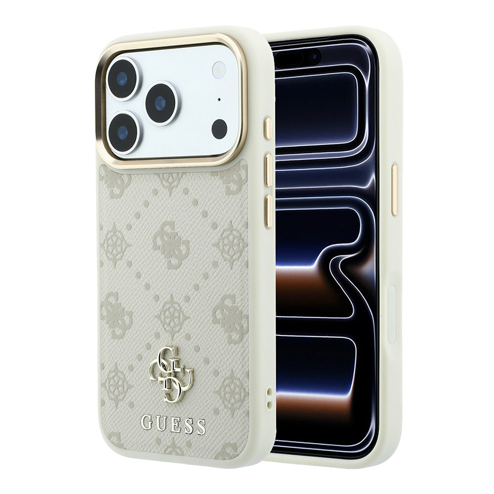Apple iPhone 18 Pro Kılıf Guess Orjinal Lisanslı M-safe Şarj Özellikli Klasik Yazı ve 4G Logolu PU Deri Peony Kapak Bej