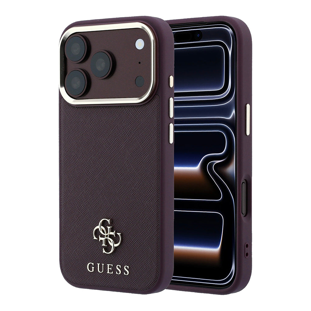 Apple iPhone 18 Pro Kılıf Guess Orjinal Lisanslı M-safe Şarj Özellikli Klasik Yazı ve 4G Logolu PU Deri Saffiano Kapak Bordo